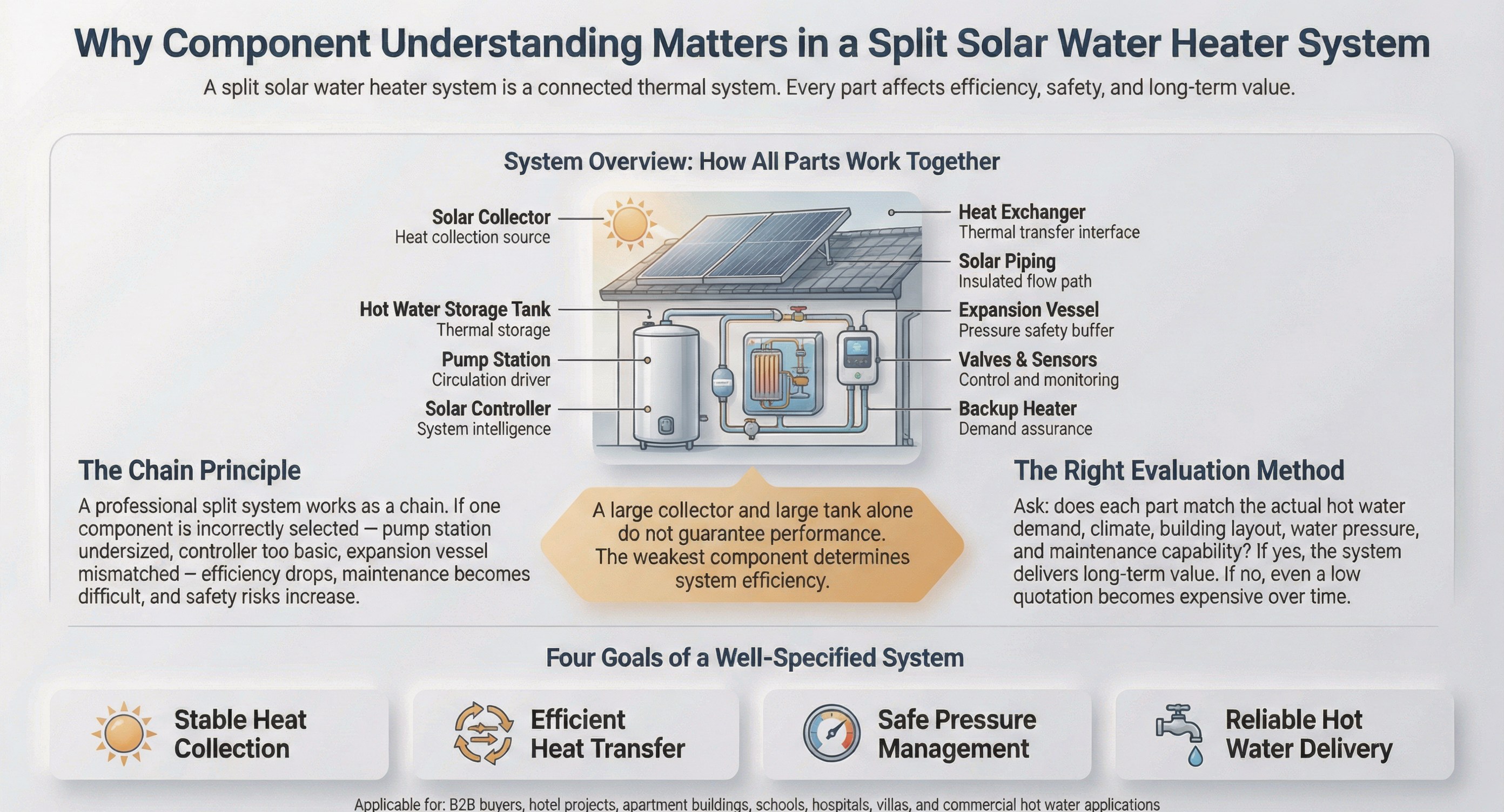 Split solar water heater system components overview showing solar collector, storage tank, pump station, solar controller, heat exchanger, piping, expansion vessel, valves, sensors, and backup heater